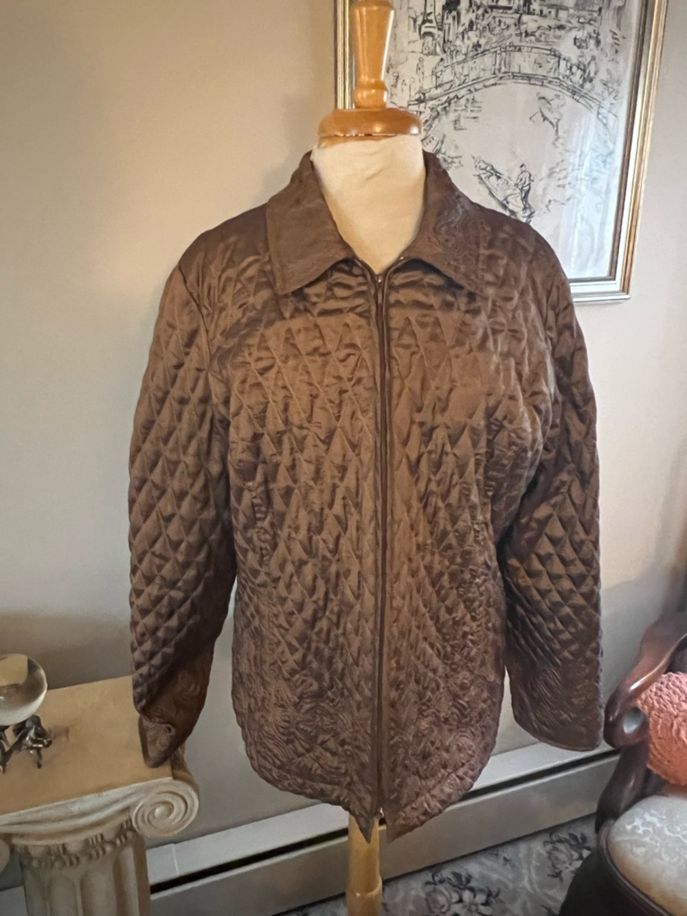 Women's Brown Quilted Puffer Jacket with Collar